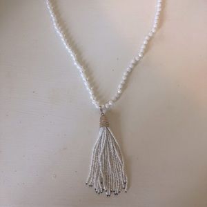 White Beaded Necklace With Tassel